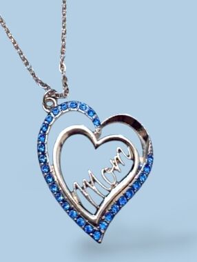 Silver Heart "Mom" Pendant Necklace with Blue Crystals